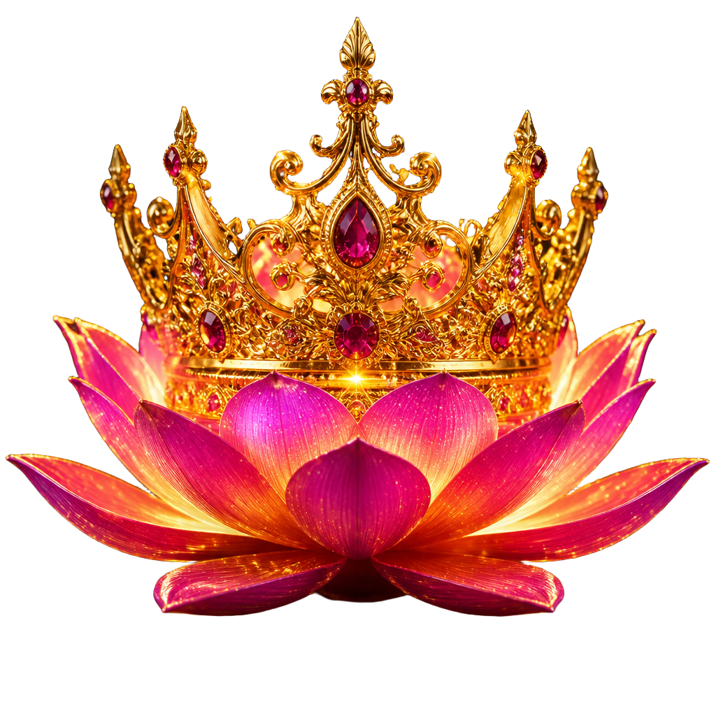 A golden crown resting on a glowing lotus